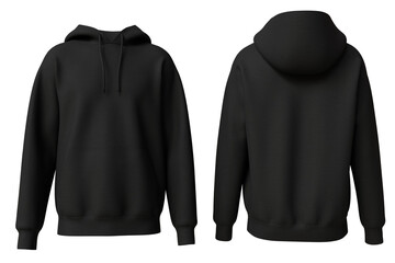 A classic black hoodie, shown in front and back views, features a drawstring hood and long sleeves....