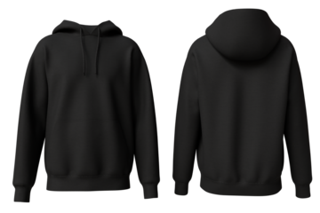 A classic black hoodie, shown in front and back views, features a drawstring hood and long sleeves.  Simple, comfortable, and versatile design