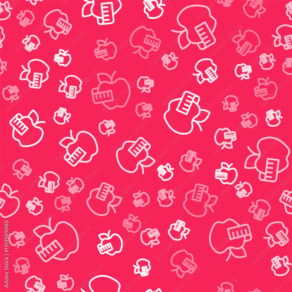 Poster white line apple and measuring tape icon isolated seamless pattern on red background. excess weight.