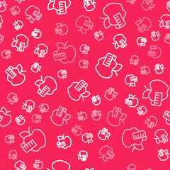 White line Apple and measuring tape icon isolated seamless pattern on red background. Excess weight. Healthy diet menu. Fitness diet apple. Vector
