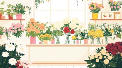 Colorful Floral Shop Display with Various Flower Arrangements
