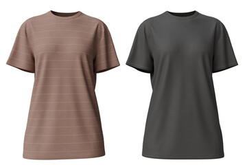 Two women's short-sleeved t-shirts, one light pink with thin stripes, one dark gray, both shown in a 3D rendering