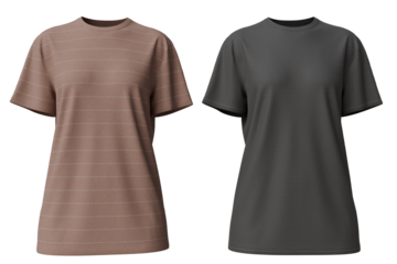 Two women's short-sleeved t-shirts, one light pink with thin stripes, one dark gray, both shown in a 3D rendering