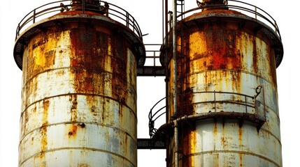 Two rusty industrial storage tanks