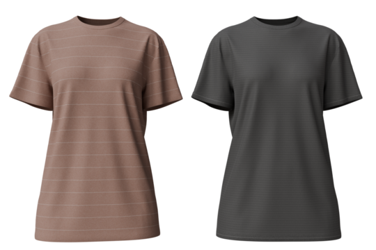 Two women's short-sleeved t-shirts, one light pink with thin stripes, one dark gray, both shown in a 3D rendering