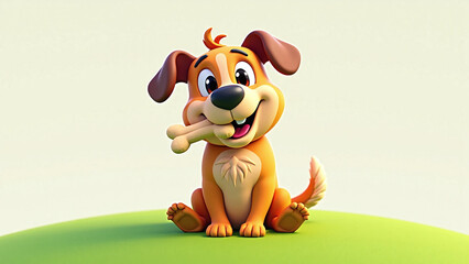 Adorable cartoon puppy with a bone in its mouth sitting happily on a sunny hill.