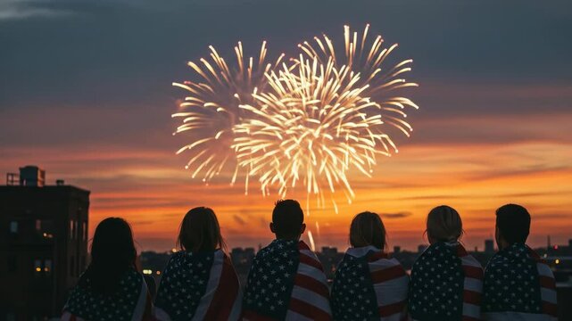 Group of women sitting on a hill watching fireworks at sunset