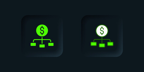 Green Dollar on top of financial hierarchy icon isolated on black background. Black square button. Vector