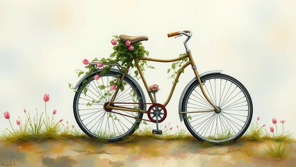 Fototapeta premium Ein nostalgisches Fahrrad mit rosa Tulpen und Efeu, liebevoll bemalt in weichem Aquarellstil. Frühlingshafte Szene auf hellem Hintergrund.