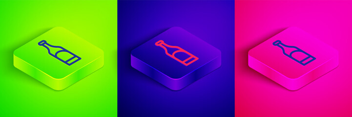 Isometric line Bottle of wine icon isolated on green, blue and pink background. Square button. Vector