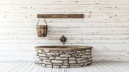 Rustic well in a whitewashed room