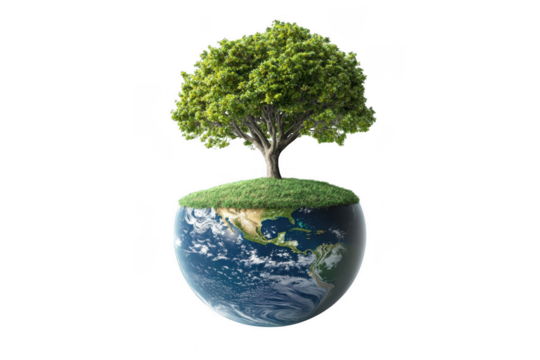 Green tree growing on earth globe isolated on transparent background