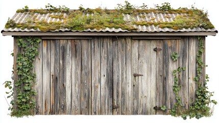 Aged wooden shed with overgrown roof