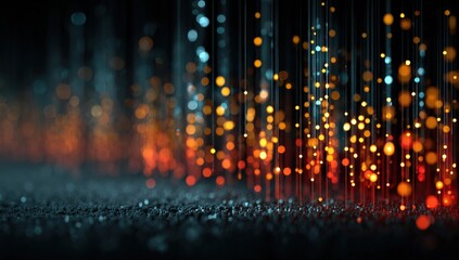 Abstract digital background with colorful light bokeh and binary code, representing cyber technology concept, digital data stream or information flow in space