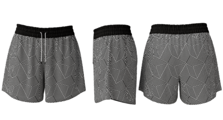 Geometric gray shorts with a white pattern, shown in front, side, and back views
