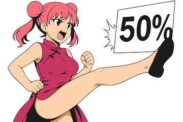 Chinese Girl Kicking a 50% Signboard Generative AI