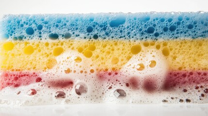 Colorful soap bubbles on a sponge with vibrant striped design