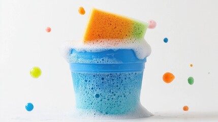 Colorful Cleaning Supplies with Soap Bubbles and Sponge on White Background