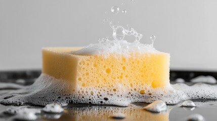 Yellow Cleaning Sponge with Bubbles on Reflective Surface