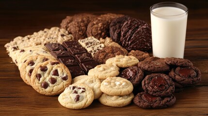 Fototapeta premium Assorted Cookies and Milk on Rustic Wooden Table Surface