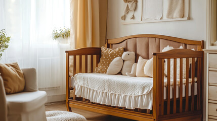 A cozy nursery includes fashionable furniture and a comfy crib, creating a serene setting for a newborn