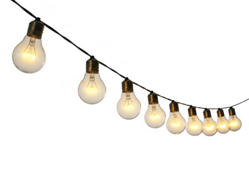 String of glowing light bulbs isolated on transparent background