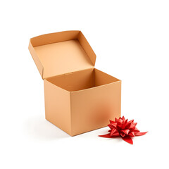 Open gift box with red bow on white background