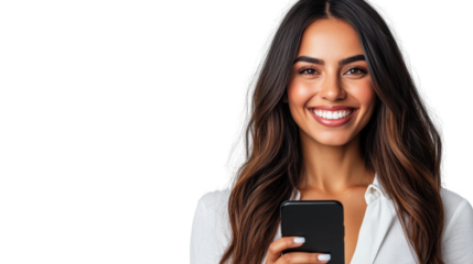 Empowering communication young woman engaging with smartphone in modern office environment