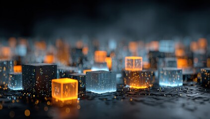 Glowing orange and blue cubes form an abstract cityscape, symbolizing urban development and futuristic technology in a dark, high tech environment