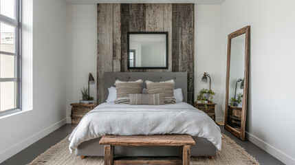 A minimalist apartment bedroom includes a king-sized bed with a gray square headboard, a rustic wooden mirror, and a textured accent wall