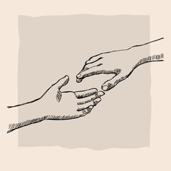 Two Reaching Hands – Line Art Sketch on Beige Background
