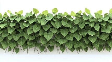 Lush wall of broad, green leaves with light shining through, against a white wall