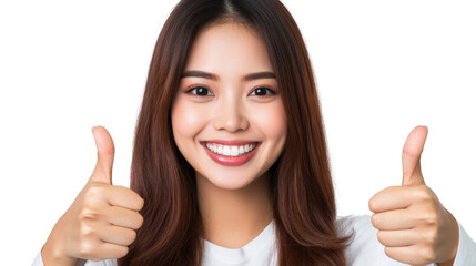 Positive woman giving thumbs up studio setting portrait photo bright environment confident viewpoint empowerment concept
