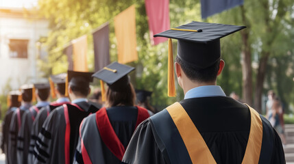 Graduates wearing caps and gowns participating in outdoor ceremony
