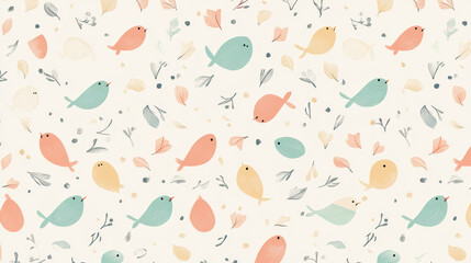 A playful, seamless pattern features abstract geometric shapes in light colors, perfect for feminine and baby-themed designs