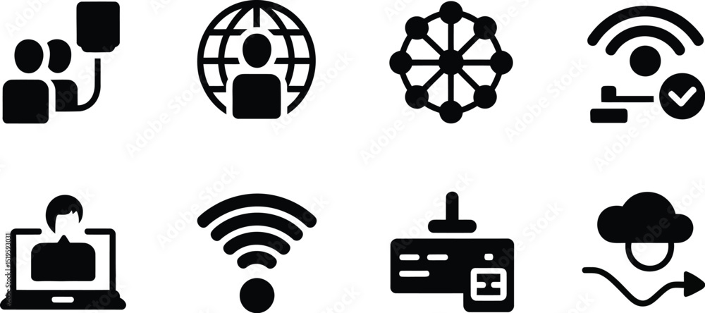 Poster a collection of eight black and white icons representing networking and communication concepts shown