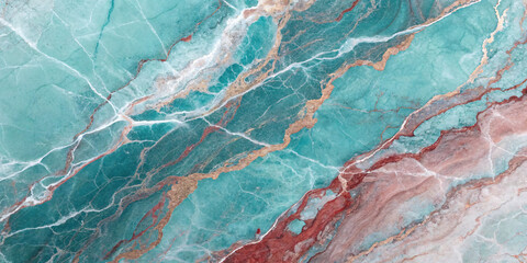 Seafoam green marble with rust-colored veining, flowing mineral patterns, natural stone texture, aquatic hues, organic geological formations throughout surface.