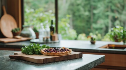 Freshly baked tart on a wooden cutting board on a kitchen countertop. the tart is golden brown and has a flaky crust. it is filled with dark red berries and garnished with fresh green leaves.