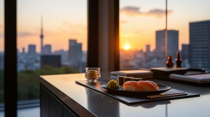 Modern kitchen countertop with a plate of sushi and chopsticks on it. the plate is black and has a variety of sushi rolls on it, including salmon, tuna, and avocado.