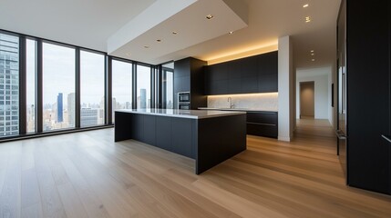 Modern and spacious kitchen with a large window that offers a panoramic view of the city. the kitchen has black cabinets and a large island in the center with a white countertop.