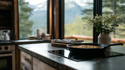 Kitchen countertop with a black frying pan on it. the pan is filled with a dish of food, which appears to be a type of pasta or pasta dish.