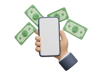 3d Hand holding phone with money isolated on white background. use cases: finance, investment, banking, and online payments.