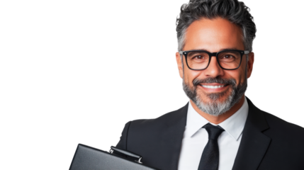 Business professional smiling with briefcase in studio environment corporate setting portrait view confidence and success concept