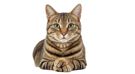 Calm Tabby Cat with Green Eyes on Transparent Background