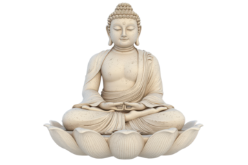 Serene Buddha Statue in Meditation Pose on Lotus Flower Base Peaceful Asian Religious Sculpture