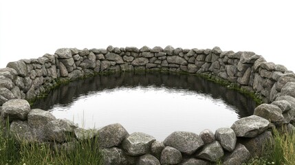 Circular stone well filled with water, grass and moss surround the structure