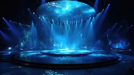 Blue lighting and overhead projections transform the stage into an immersive underwater world, with rippling textures creating a magical concert atmosphere

