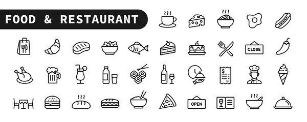 Food and restaurant - line icon set with editable stroke. Outline collection of cuisine symbols. Menu and culinary design icons. Vector illustration.	