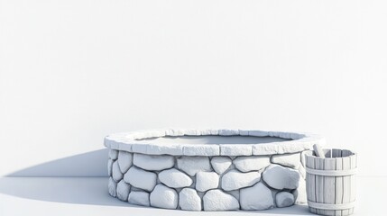Stone water well, light catching on side with wooden bucket, all in a white space
