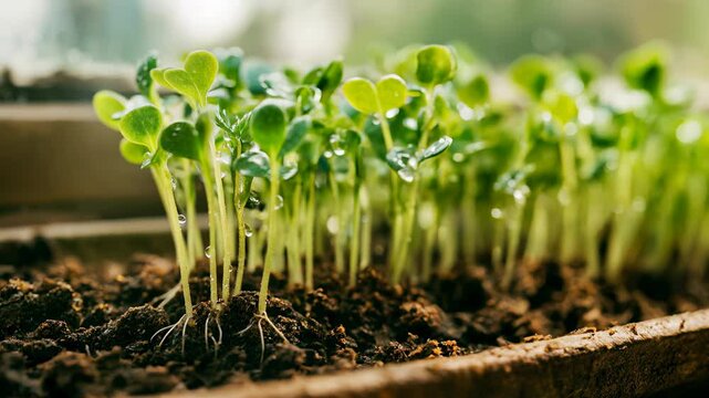 Close-up timelapse of green microgreens with water drops sprouting in moist soil by window light. Concept of natural growth, eco farming, and fresh organic food